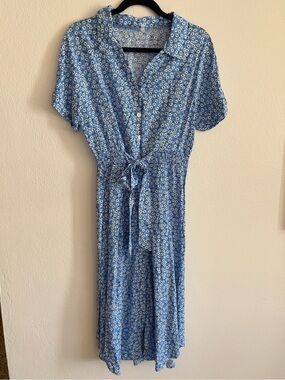 Blue Floral Tie-Waist Midi Dress